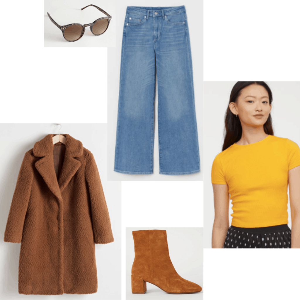 Outfit inspired by Lisa's style from Girl Interrupted (played by Angelina Jolie): Bell bottom jeans, fuzzy coat, yellow tee shirt, suede booties