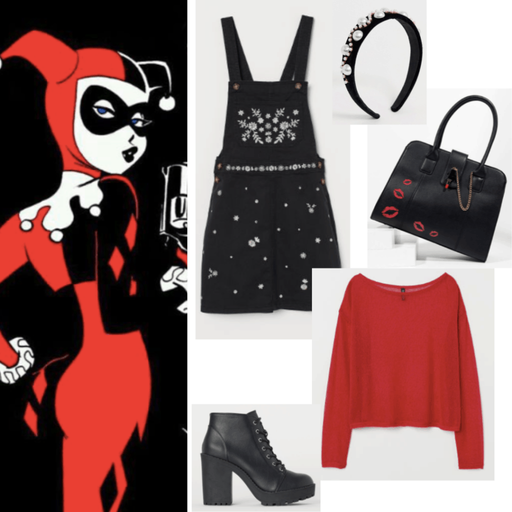 Harley Quinn outfit with black overalls, red sweater, chunky black boots, headband and black purse