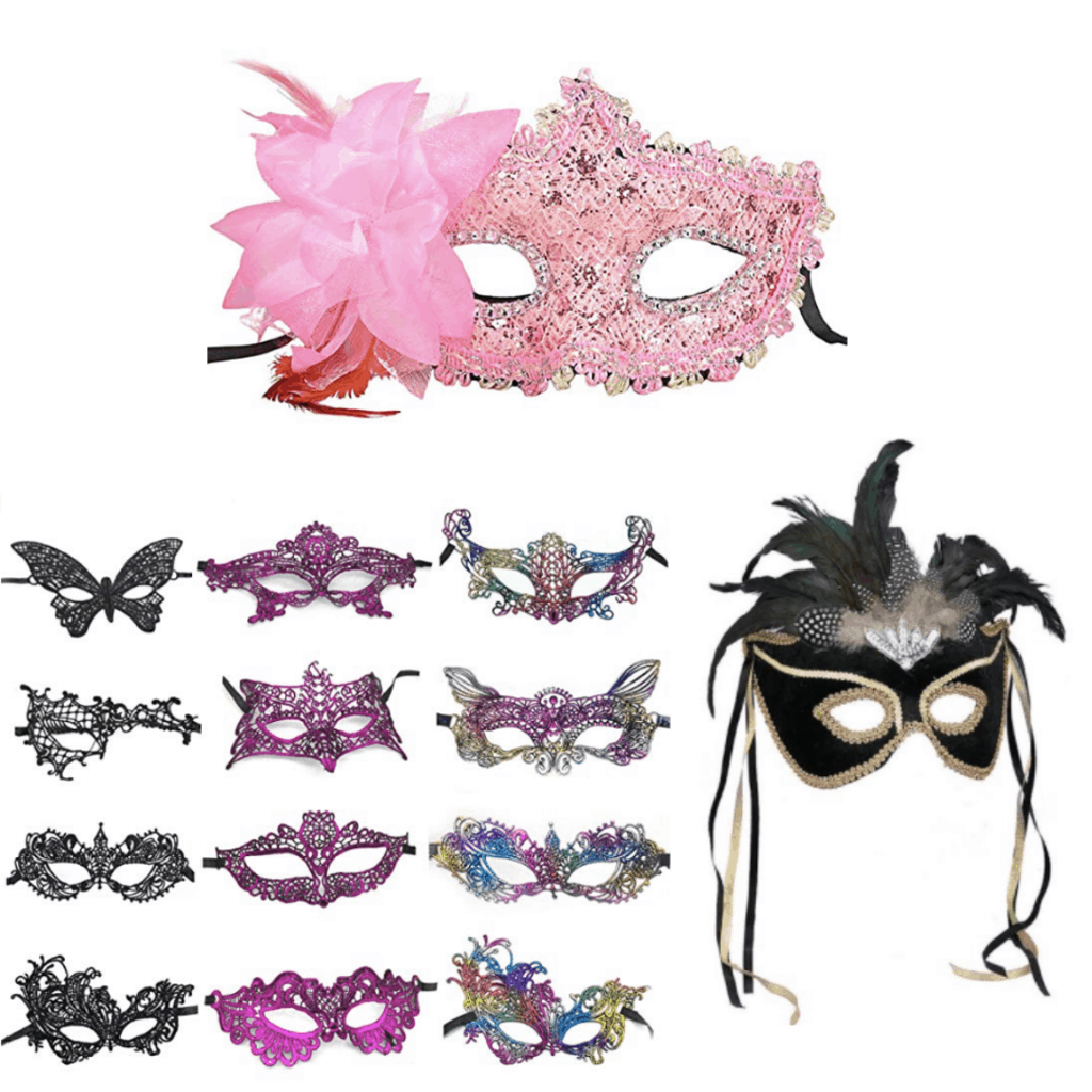 Hot pink, black and multicolored Mardi Gras masks. 
