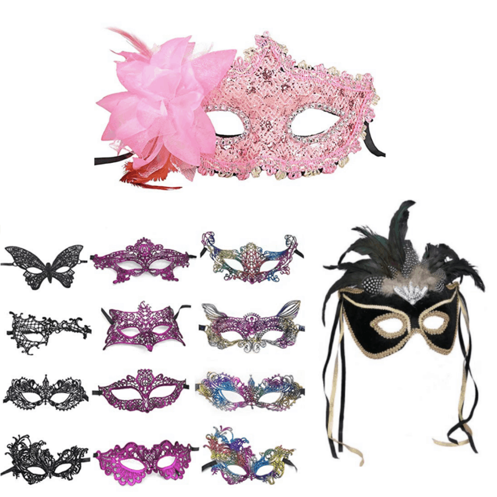 Hot pink, black and multicolored Mardi Gras masks. 