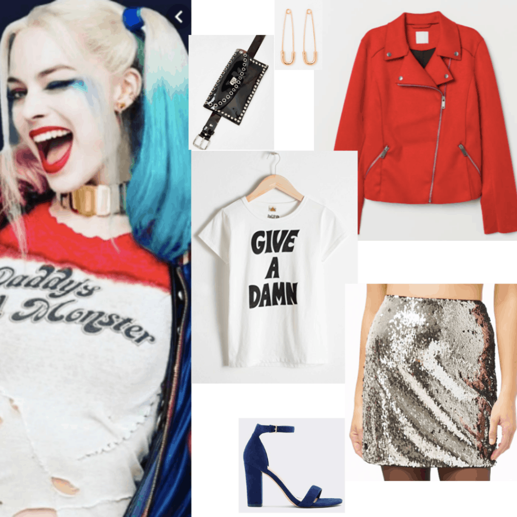 Harley Quinn Suicide Squad outfit with graphic tee, sequin skirt, red jacket, and blue heels