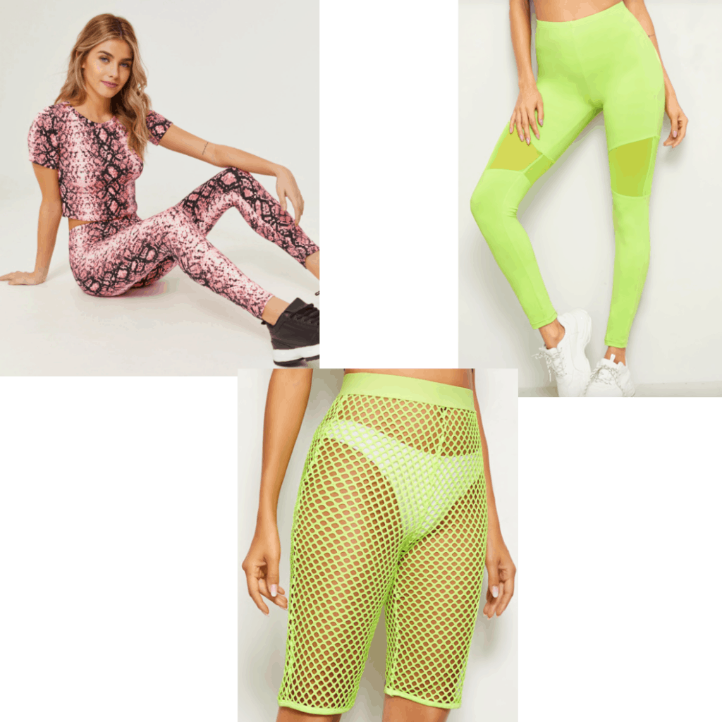 College theme party clothes - Neon green leggings and neon pink snake print leggings and neon fishnet leggings. 