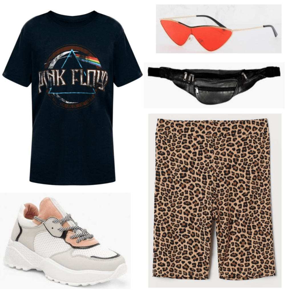 This outfit is made up of a Pink Floyd graphic tee, a pair of leopard print biker shorts, chunky sneakers, a belt-bag (or bumbag, fanny pack) and a red pair of cat eye sunglasses.