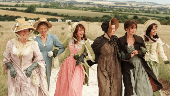 Pride and Prejudice 2005 movie costumes - the Bennet sisters walking outdoords
