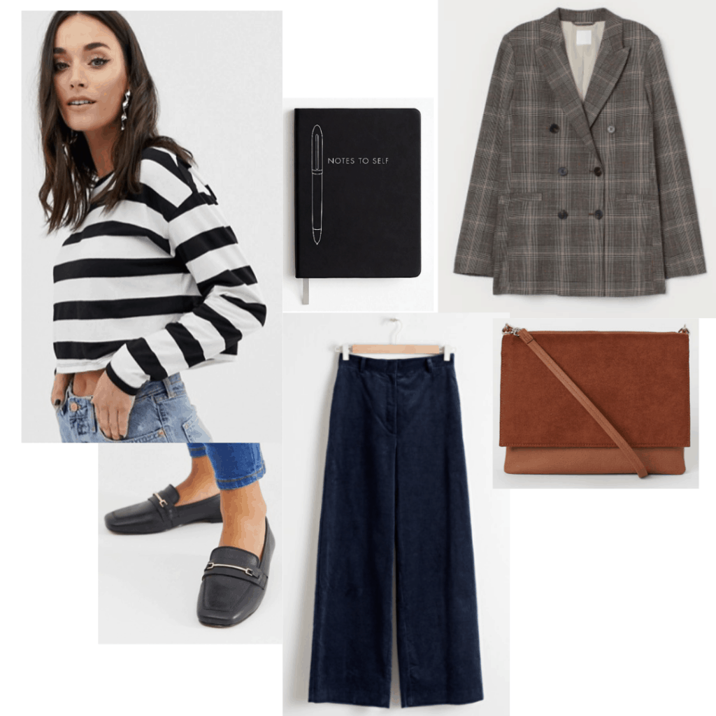 Girl interrupted fashion - Susanna outfit with striped shirt, wide leg trousers, plaid blazer, notebook, loafers