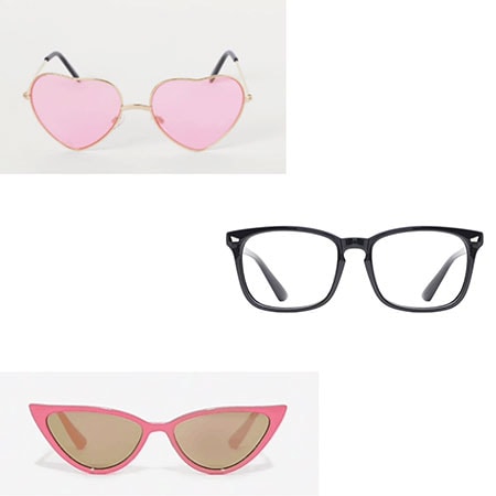 Glasses for theme parties: Heart shaped sunglasses, clear frame glasses, cat eye sunglasses