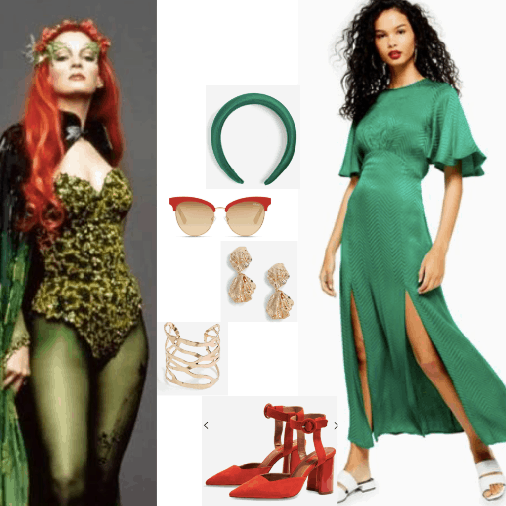 Poison ivy outfit with green dress, red heels, red sunglasses, gold jewelry