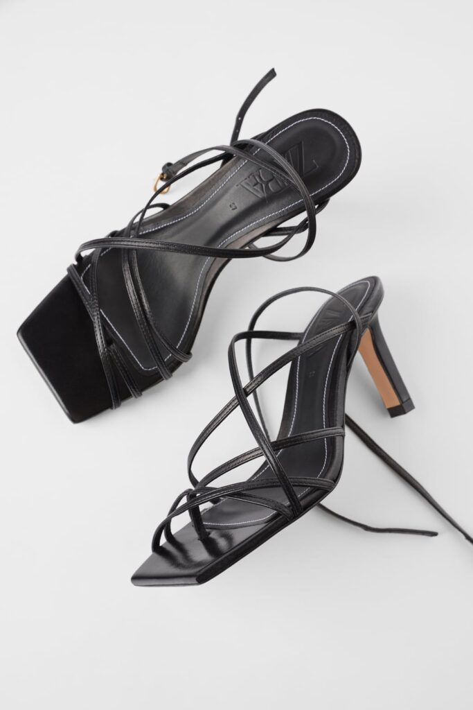 Square toe heeled sandals in black with long leather straps