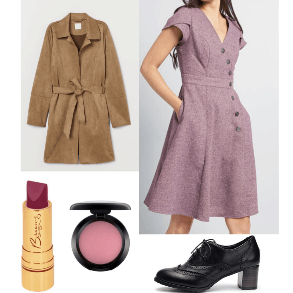 1950s inspired outfit with tweed dress, trench coat, pink blush, oxfords