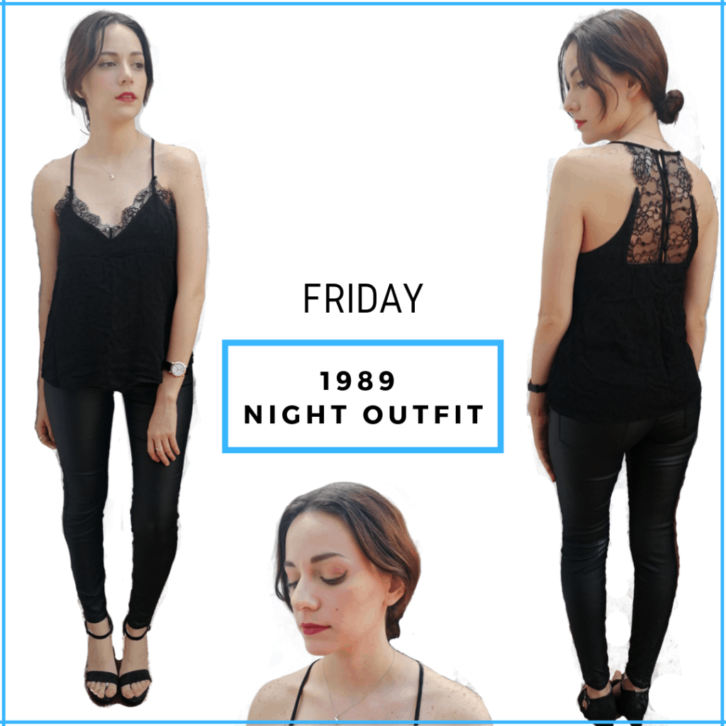 Taylor Swift 1989 album. Night look: lace top, coated jeans, black heels - Taylor Swift Eras