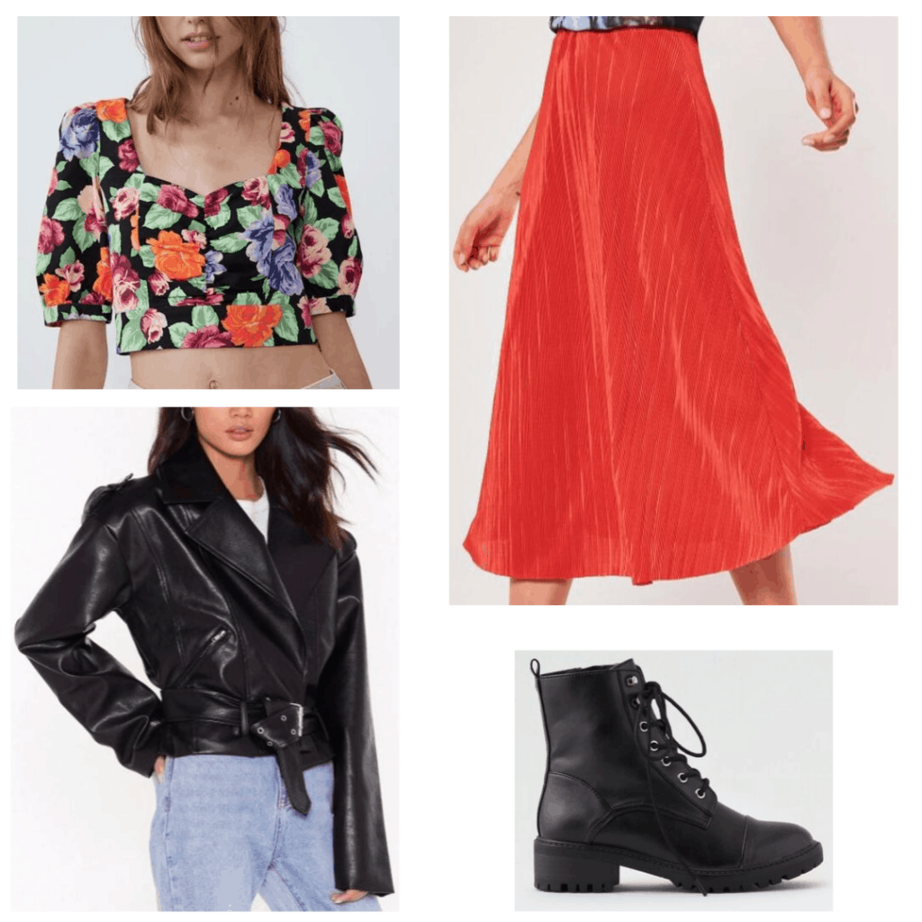 Outfit idea for a dinner and a movie date with midi skirt, ankle boots, crop top, leather jacket
