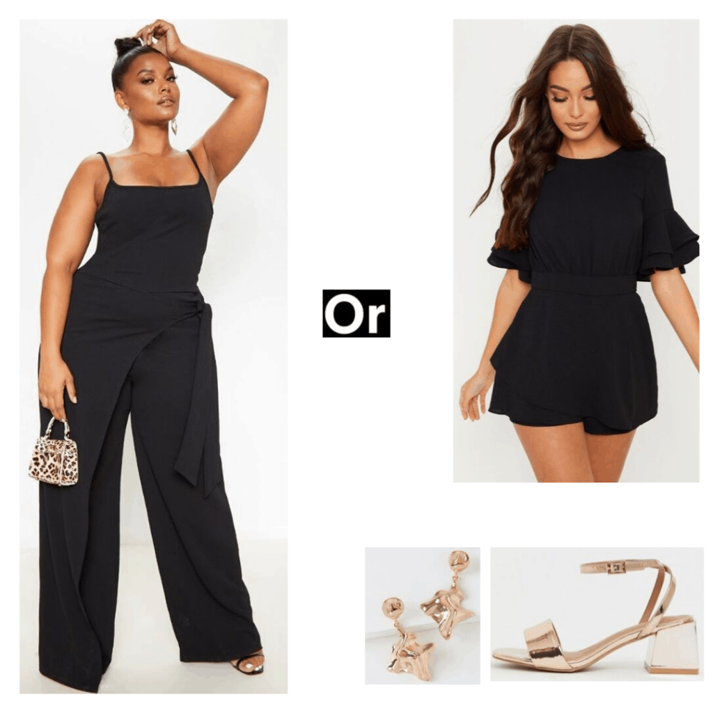 Cute date night outfit for dinner and a movie date with jumpsuit or romper and metallic sandals and earrings