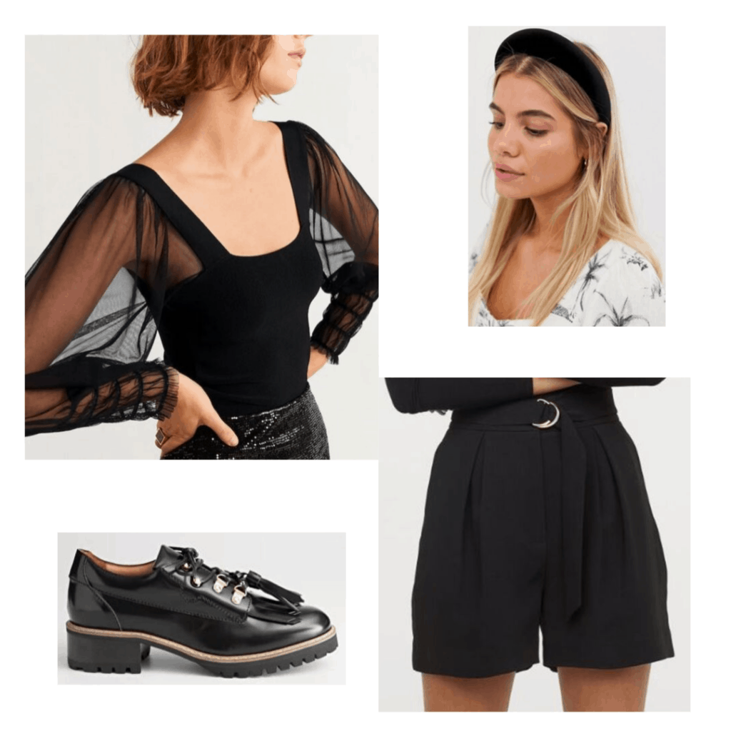 Dinner and movie date outfit: Dressy shorts, blouse and loafers combo with accessories like a black headband and chunky tassel loafers
