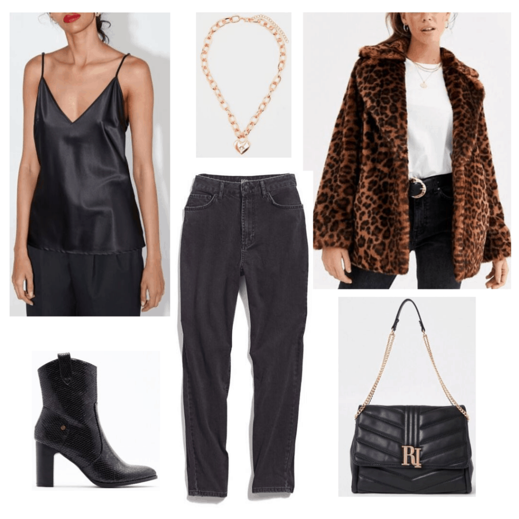 Dinner and a movie date outfit with jeans, black tank top, leopard coat, black ankle boots, quilted bag, gold necklace