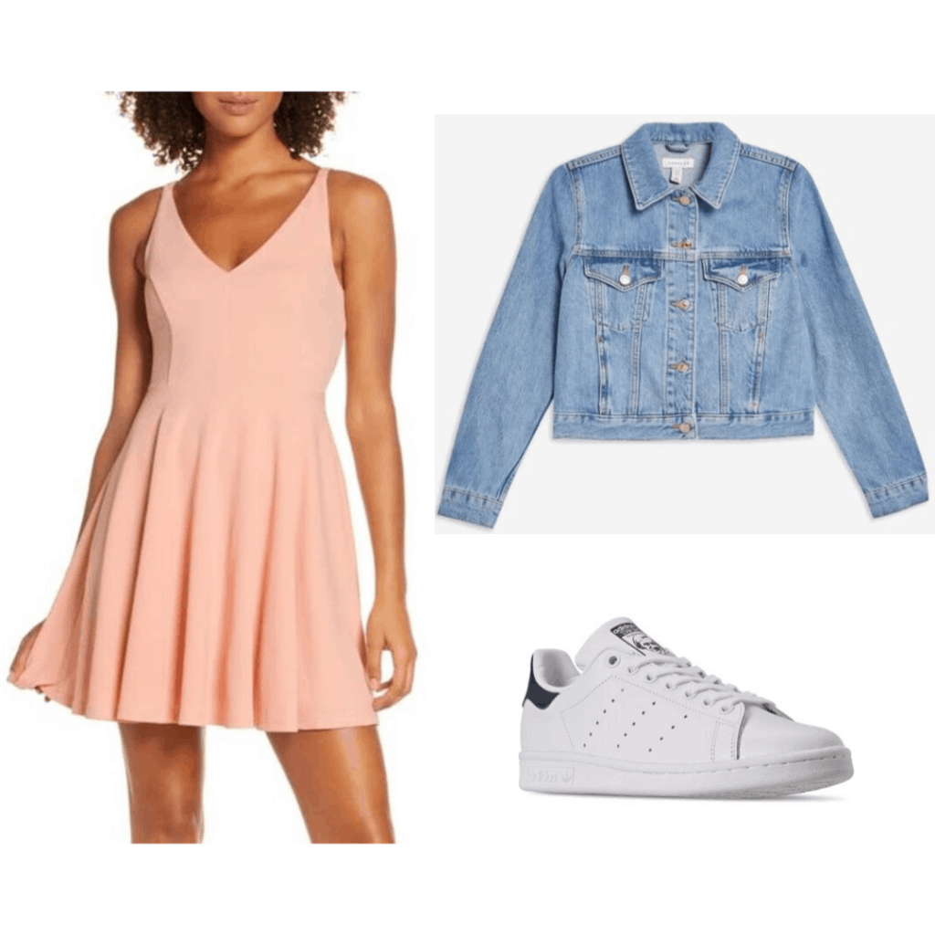 Casual dinner and a movie date outfit with skater dress, denim jacket, and white sneakers