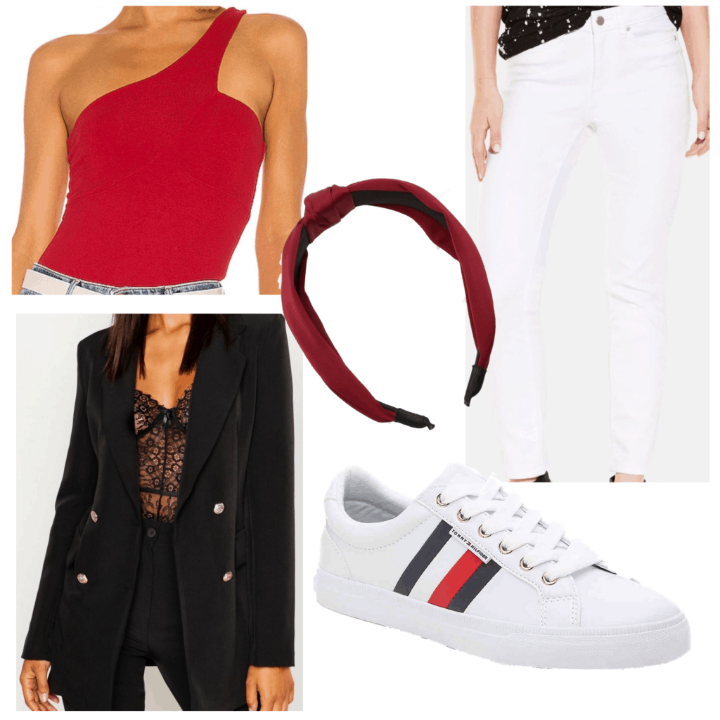 How to wear white after labor day - An outfit set featuring white jeans, black blazer, sneakers, red top