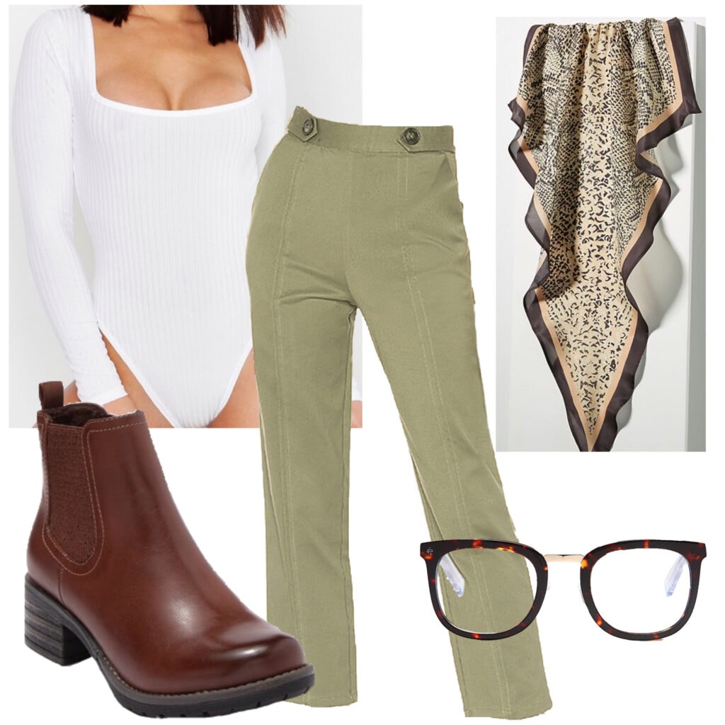 White after labor day - An outfit set featuring a white bodysuit, green pants, burgundy boots, glasses, scarf