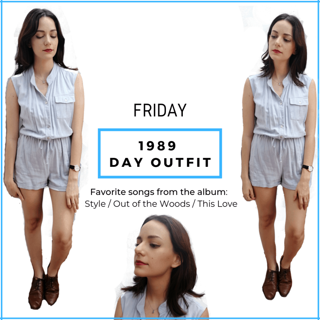 Taylor Swift 1989 album. Day look: blue romper and brown loafers