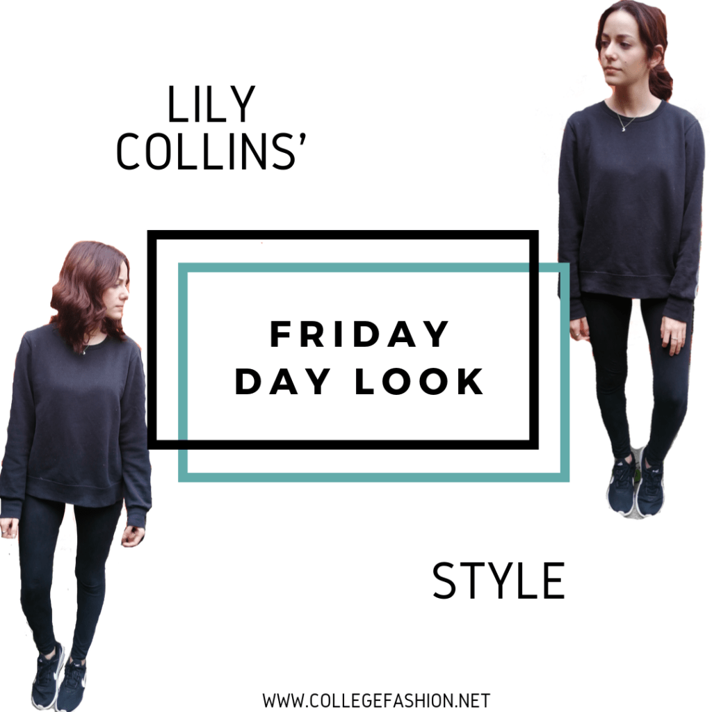 LILY COLLINS STYLE FRIDAY DAY LOOK: LEGGINGS, SWEATSHIRT, SNEAKERS