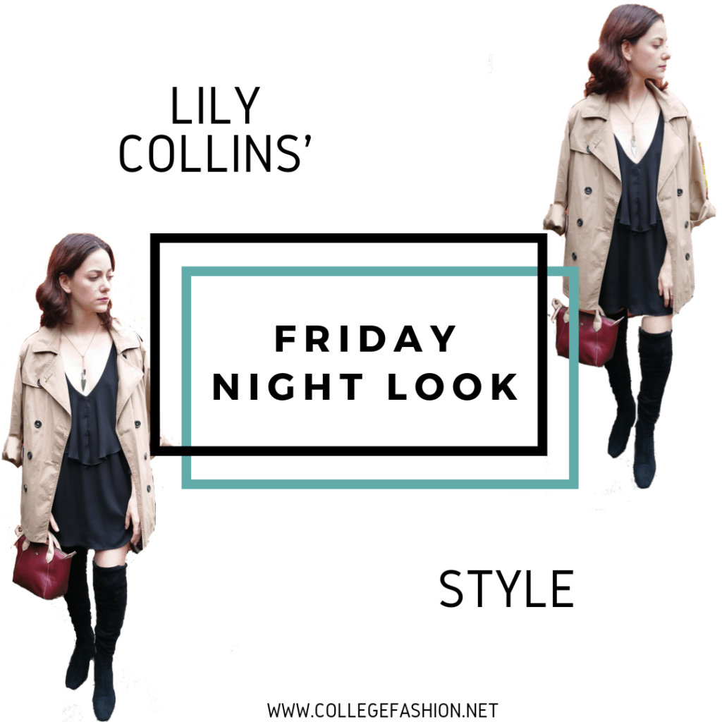 LILY COLLINS STYLE FRIDAY NIGHT LOOK : BLACK DRESS, OVER THE KNEE BOOTS, BEIGE COAT