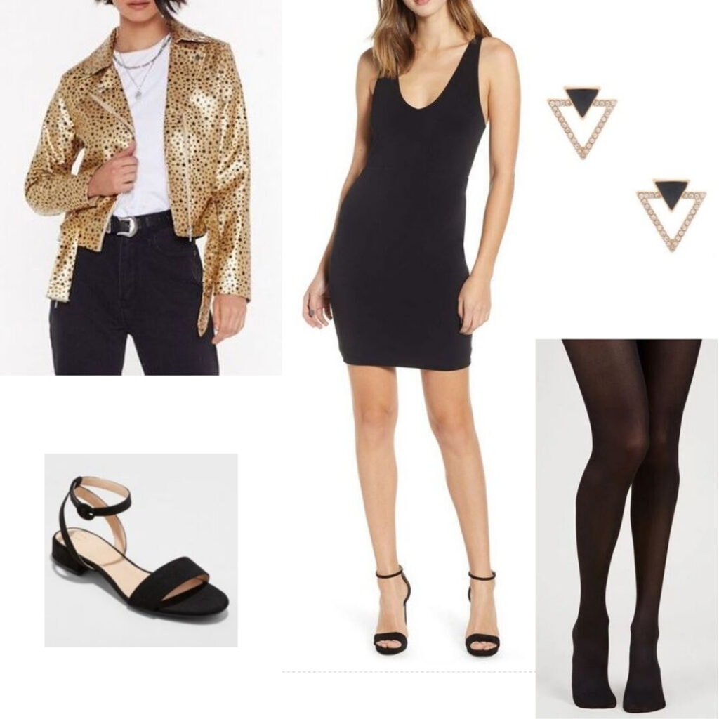 Cute fall outfit for night out: speckled gold jacket, little black dress, black tights and shoes, and geometric earrings.