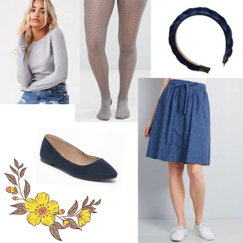 Grey top, grey tights, blue skirt, blue headband, blue flats.