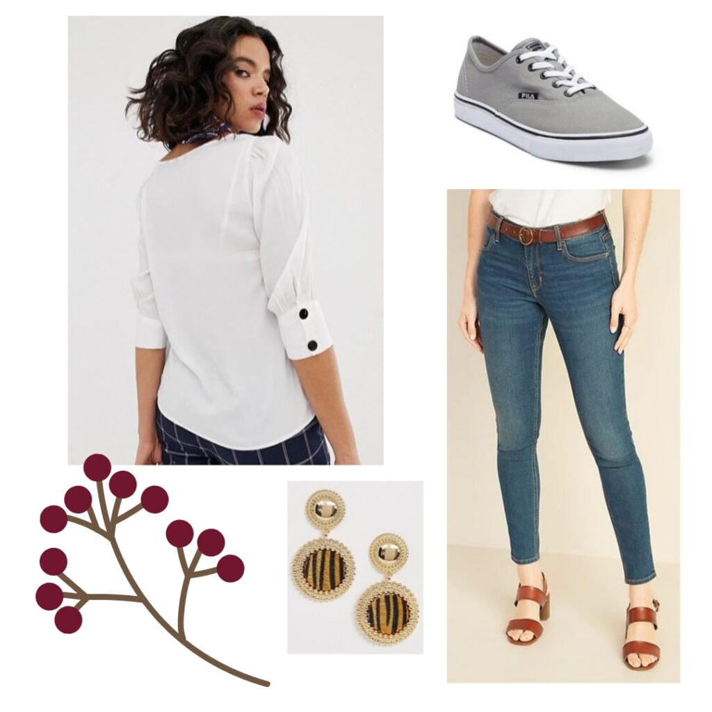 Fall outfits under 0: White blouse, blue jeans, grey sneakers, gold animal pattern earrings.