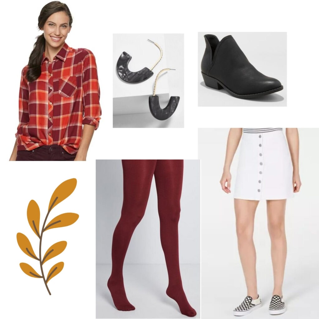 Fall outfits for school - Orange and red flannel shirt, white skirt, red tights, black hoop earrings, and black boots.