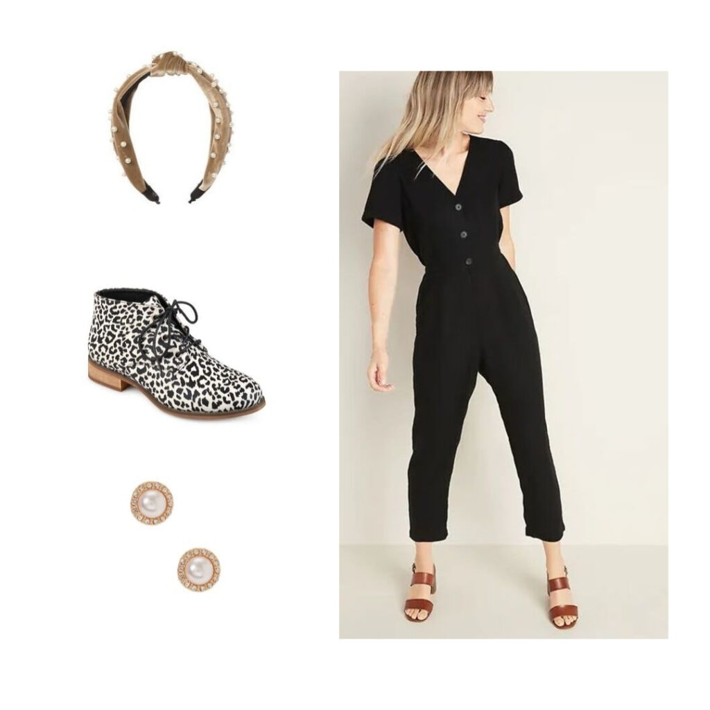 Fall outfit: Black jumpsuit, leopard print boots, pearl headband, and pearl earrings.