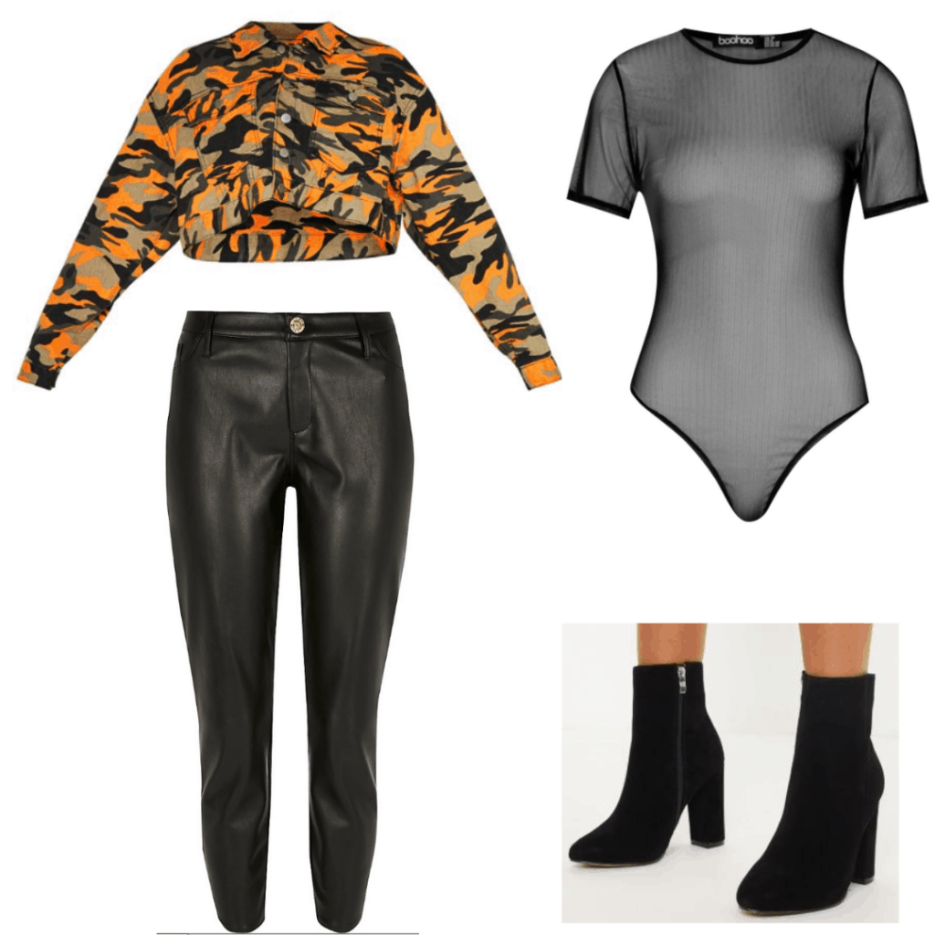 Lizzo concert outfit with black leather pants, camo jacket, sheer bodysuit, black ankle boots