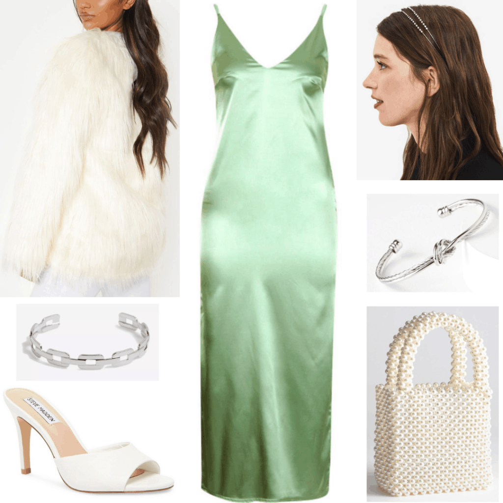 Lizzo concert outfit with green satin dress, faux fur coat, pearl bag