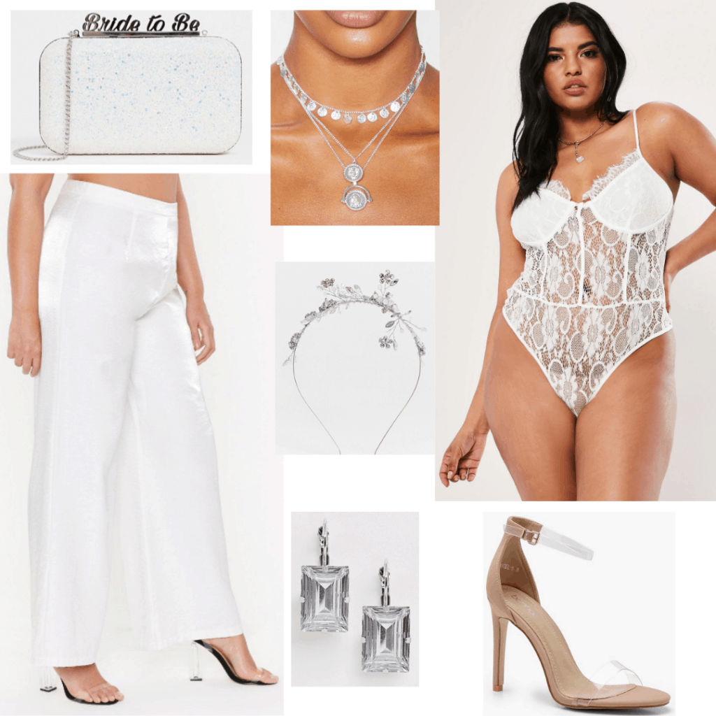 What to wear to a Lizzo concert outfit with white pants, white bodysuit, clear heels