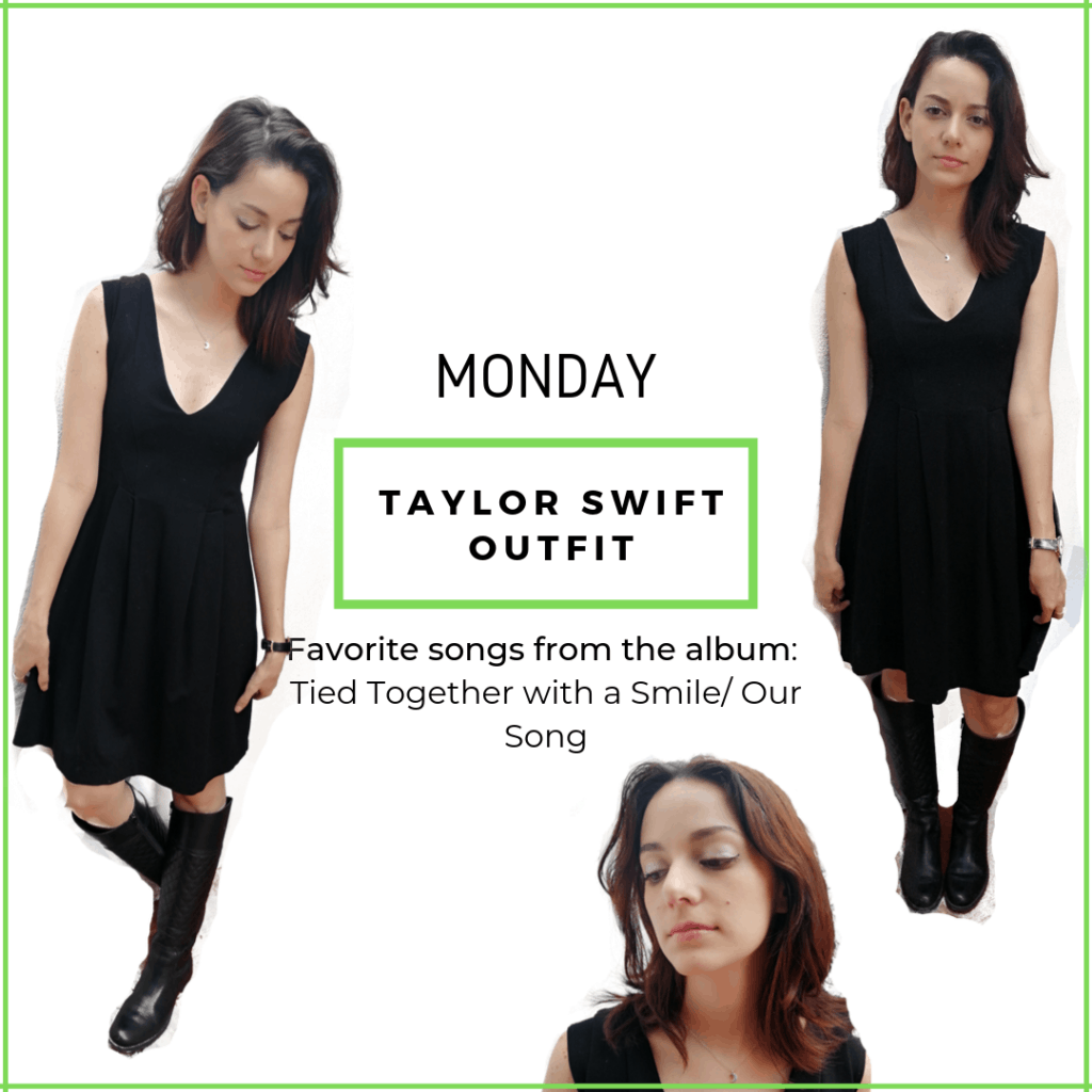 Taylor Swift Self-titled album outfit. Black dress, black boots