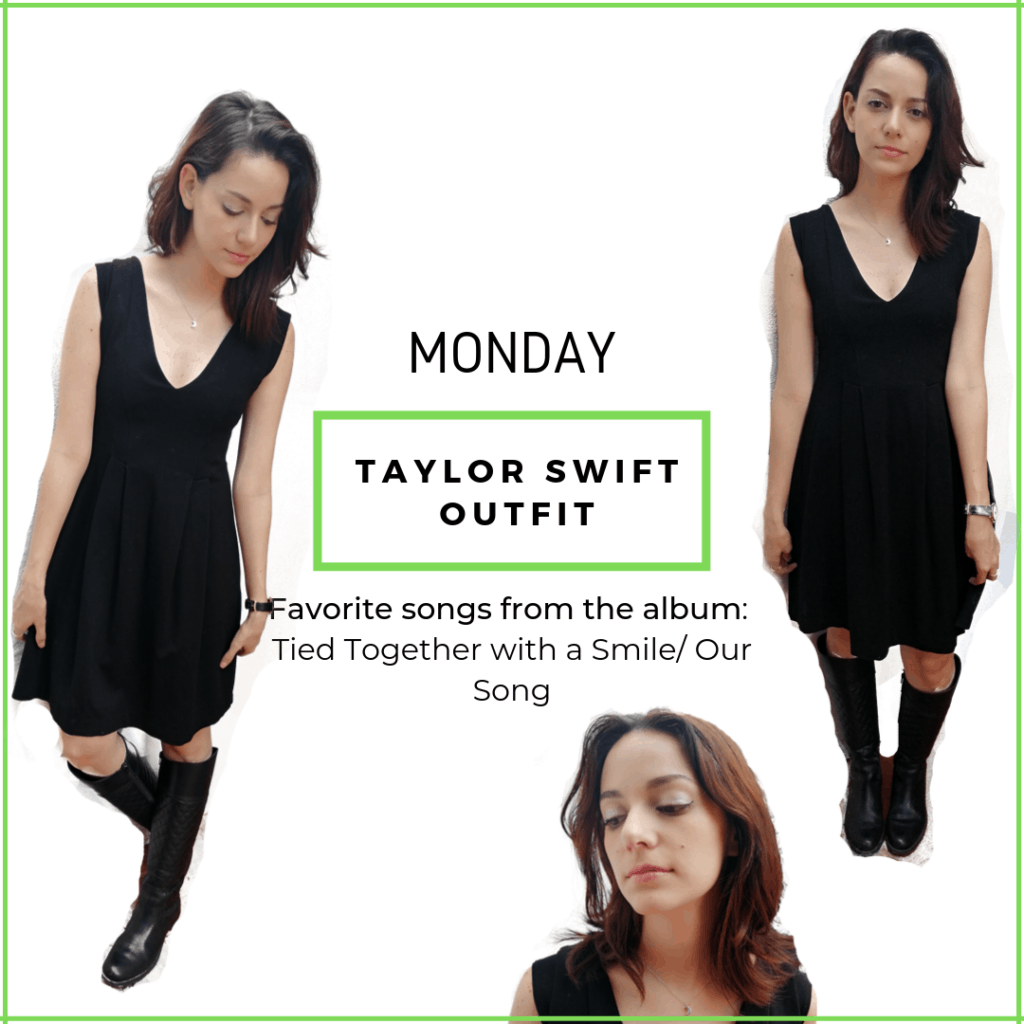 Taylor Swift Self-titled album outfit. Black dress, black boots - Taylor Swift Eras