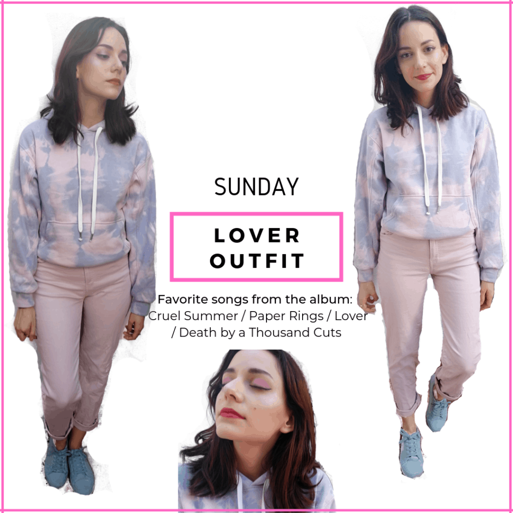 Taylor Swift Lover album. Tie dye sweatshirt, light pink jeans, baby blue shoes - Taylor Swift concert tour outfit ideas
