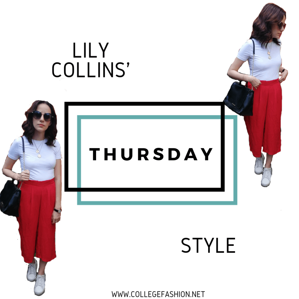 LILY COLLINS STYLE THURSDAY: RED PANTS, WHITE T-SHIRT, SNEAKERS, BLACK BAG