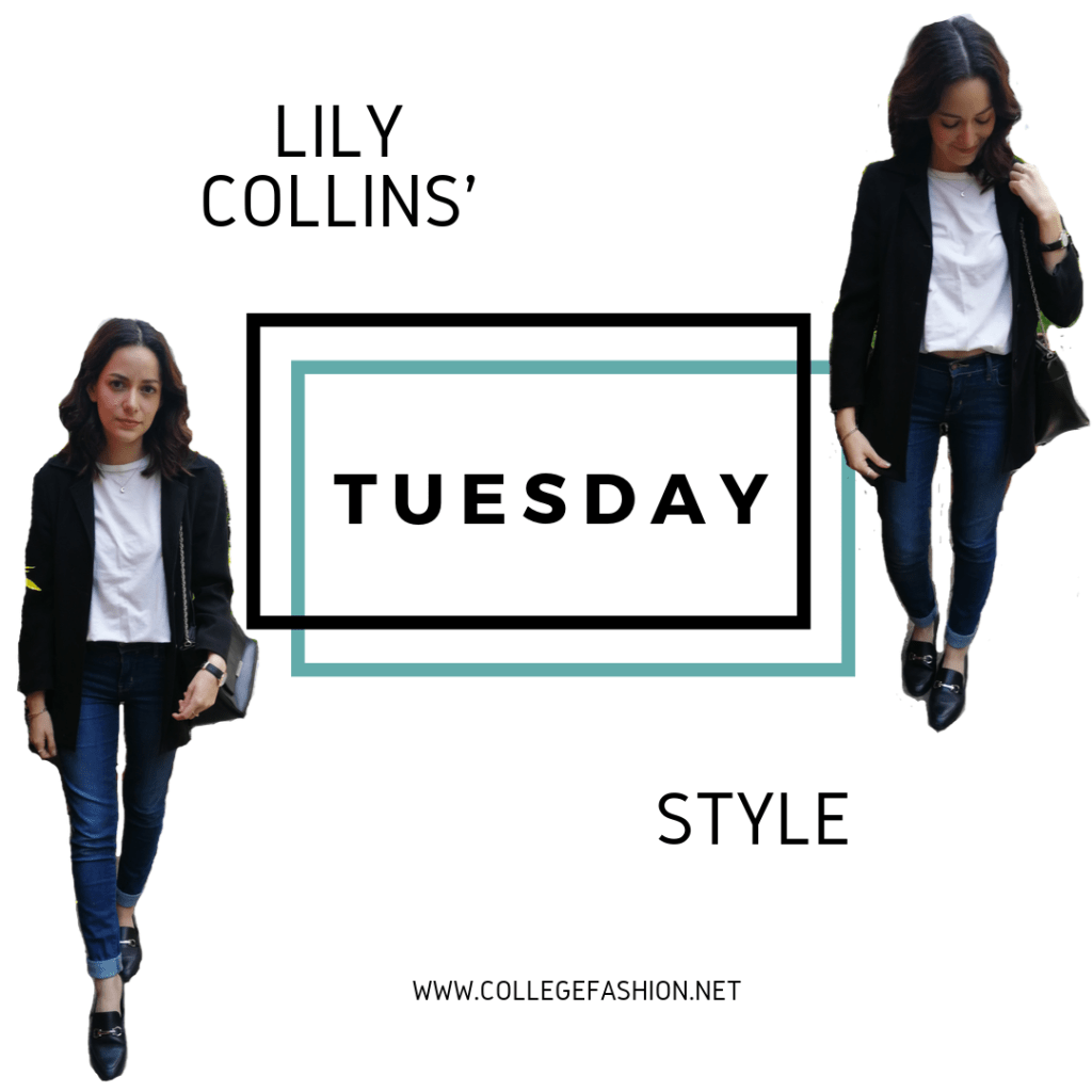 LILY COLLINS STYLE TUESDAY: BLACK BLAZER, T-SHIRT, JEANS, LOAFERS, BLACK BAG