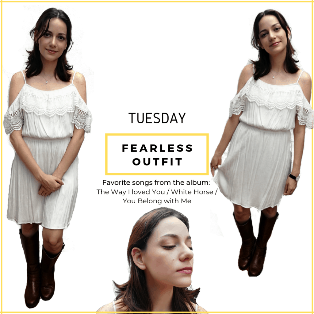 Taylor Swift Fearless album. White dress, cognac boots - Taylor Swift Eras