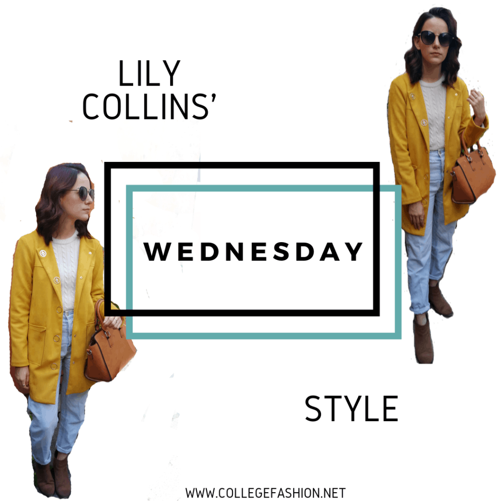 LILY COLLINS STYLE WEDNESDAY: YELLOW COAT, JEANS, SWEATER, BOOTIES