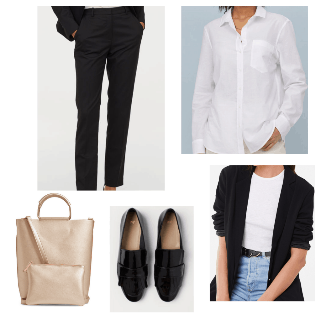 fall internship outfit for a professional setting with blazer, white shirt, loafers, neutral bag