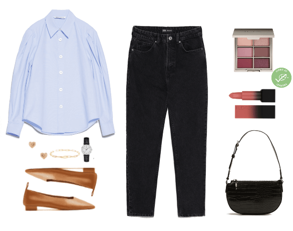 Ask CF : Comment paraître plus âgé - Outfit avec chemise boutonnée bleue, jean délavé foncé, sac à main noir, chaussures plates camel, bijoux et montre