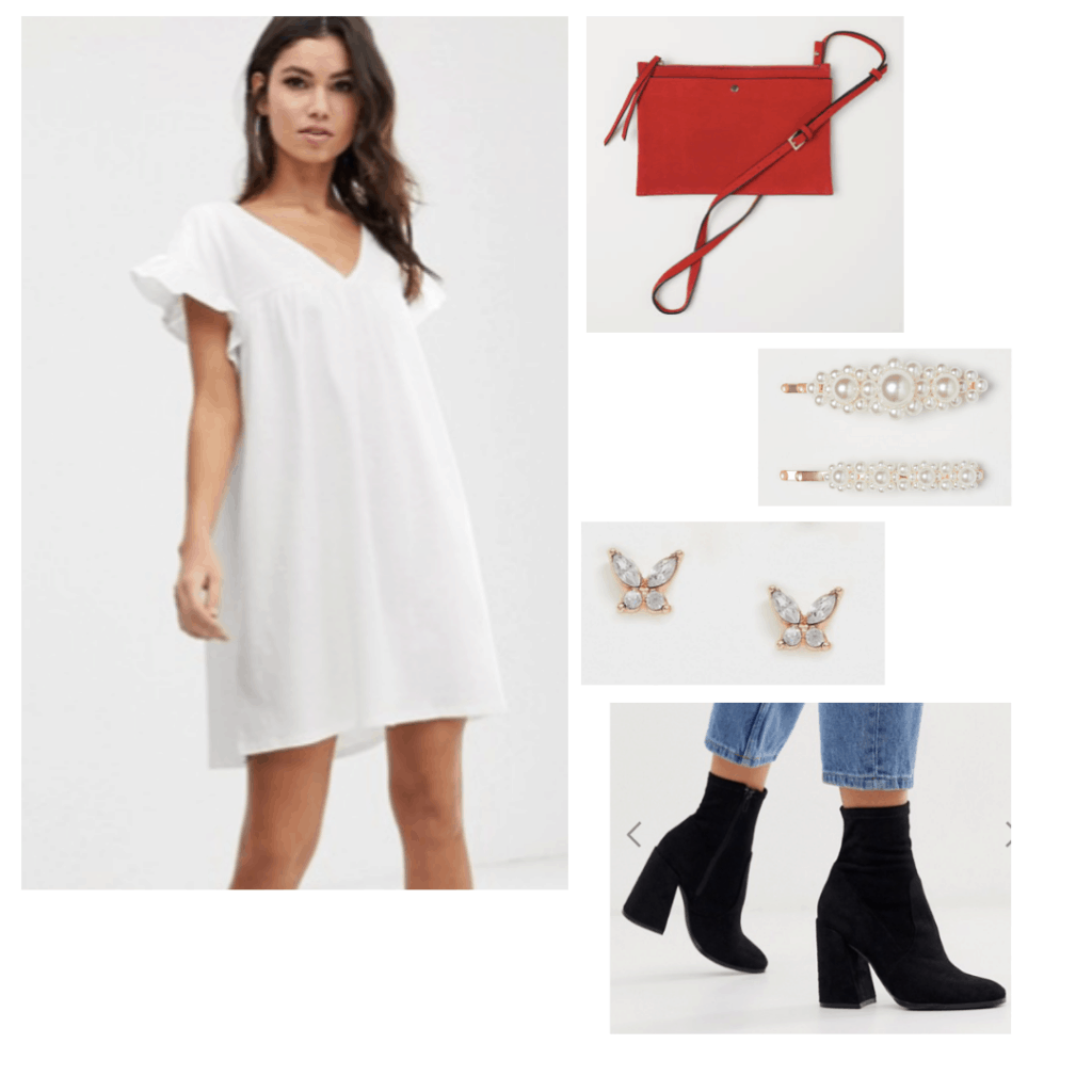 Pride and Prejudice fashion - outfit inspired by Elizabeth at the ball with white dress, red crossbody bag, black ankle boots