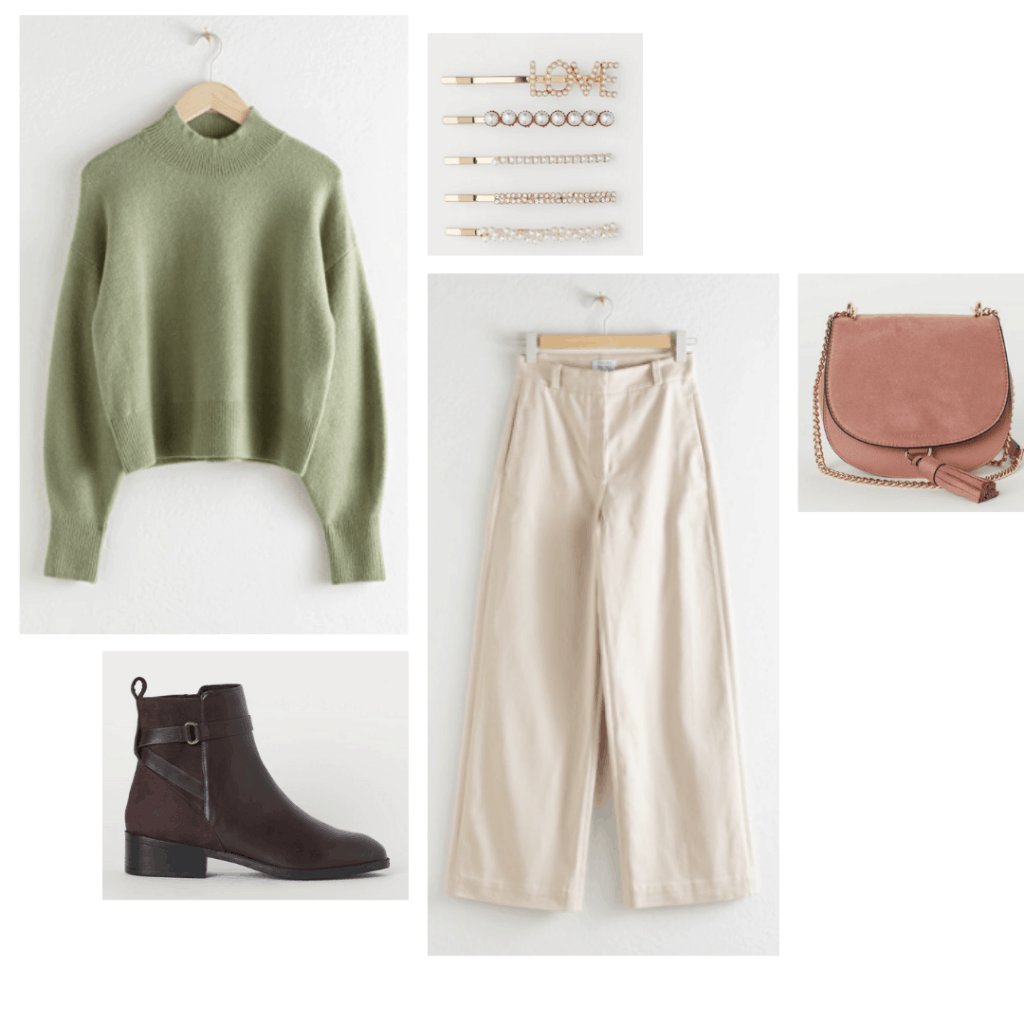 Pride and Prejudice fashion - outfit with green sweater, wide leg pants, ankle boots, hair clips