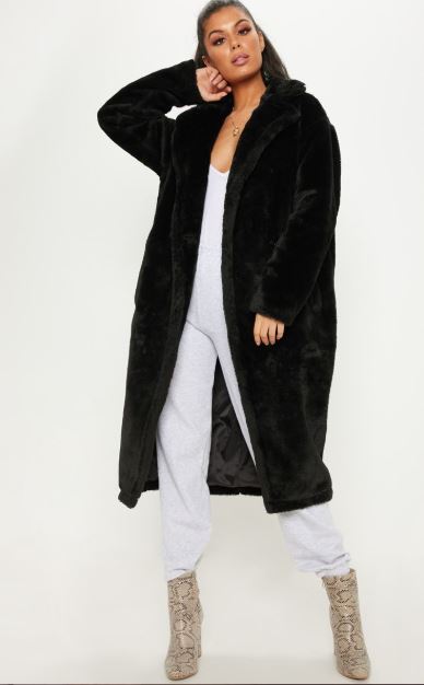 Black faux fur coat inspired by Lu from Elite