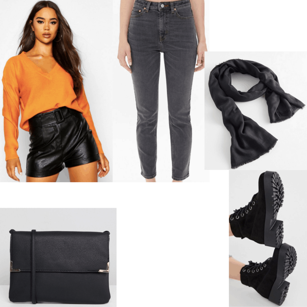 What to wear to a haunted house: Outfit set with an orange sweater, black jeans, black scarf, black bag and boots. 