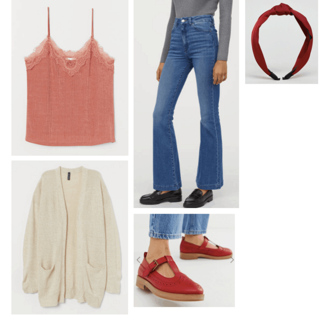 Outfit inspired by the movie Carrie with lace tank, bell bottom jeans, headband, chunky shoes, cozy cardigan