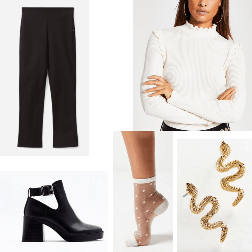 Outfit set with cut out boots, white sweater, black pants, polka dot socks and snake earrings. 