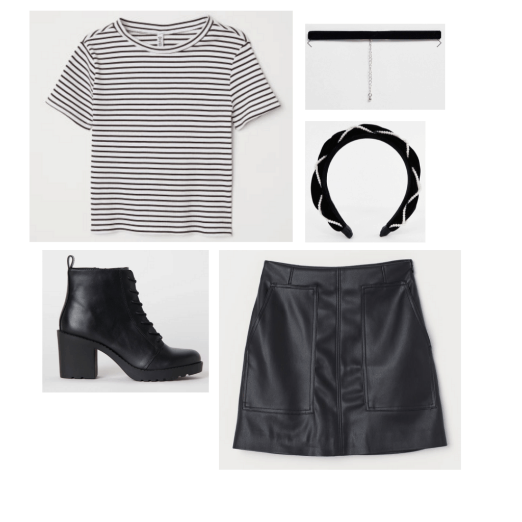 Outfit inspired by The Craft with striped black and white tee shirt, black leather skirt, black lace-up boots, puffy headband, choker