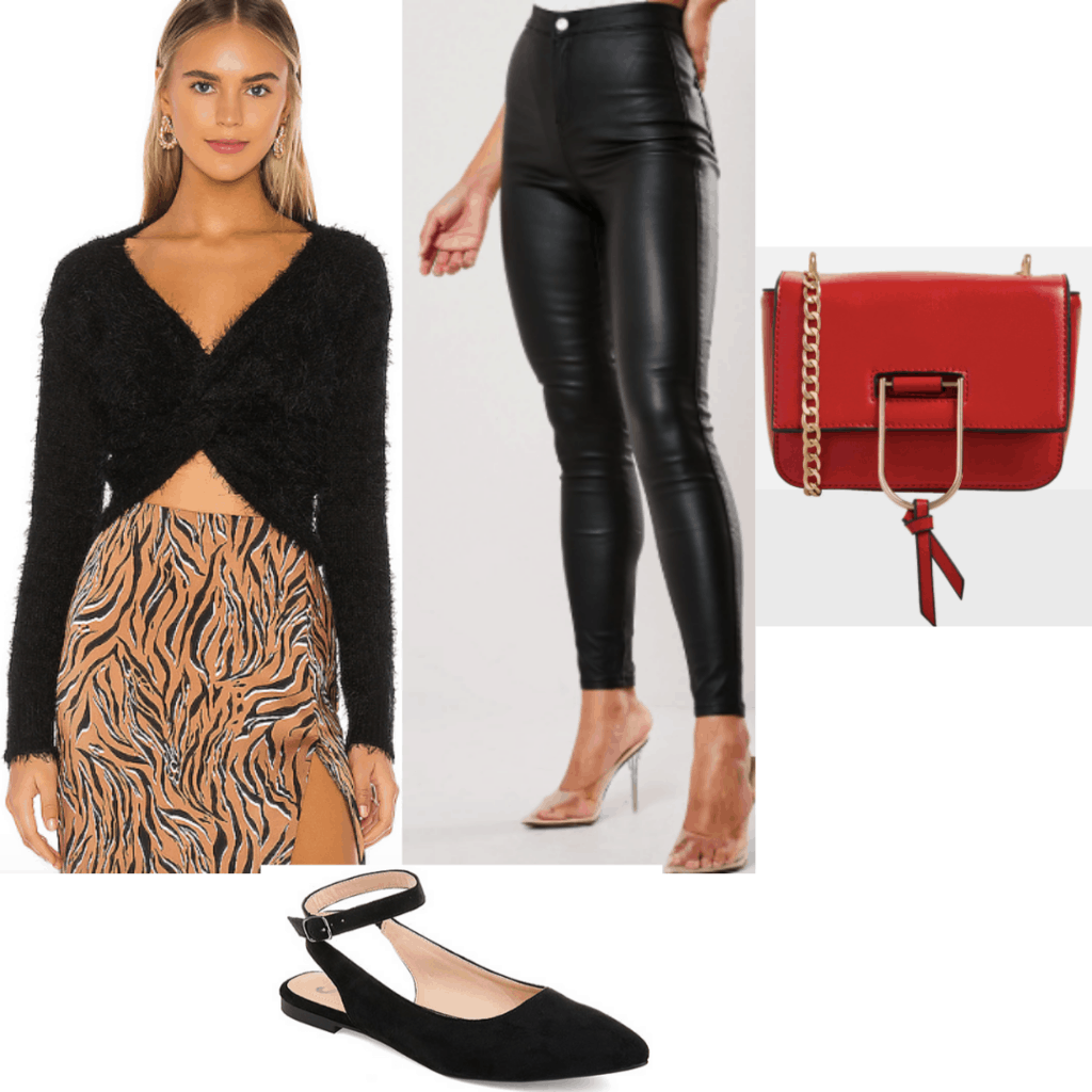 What to wear to a haunted house or hayride: Outfit set with fuzzy long sleeve top, pleather pants, red bag and black flats. 