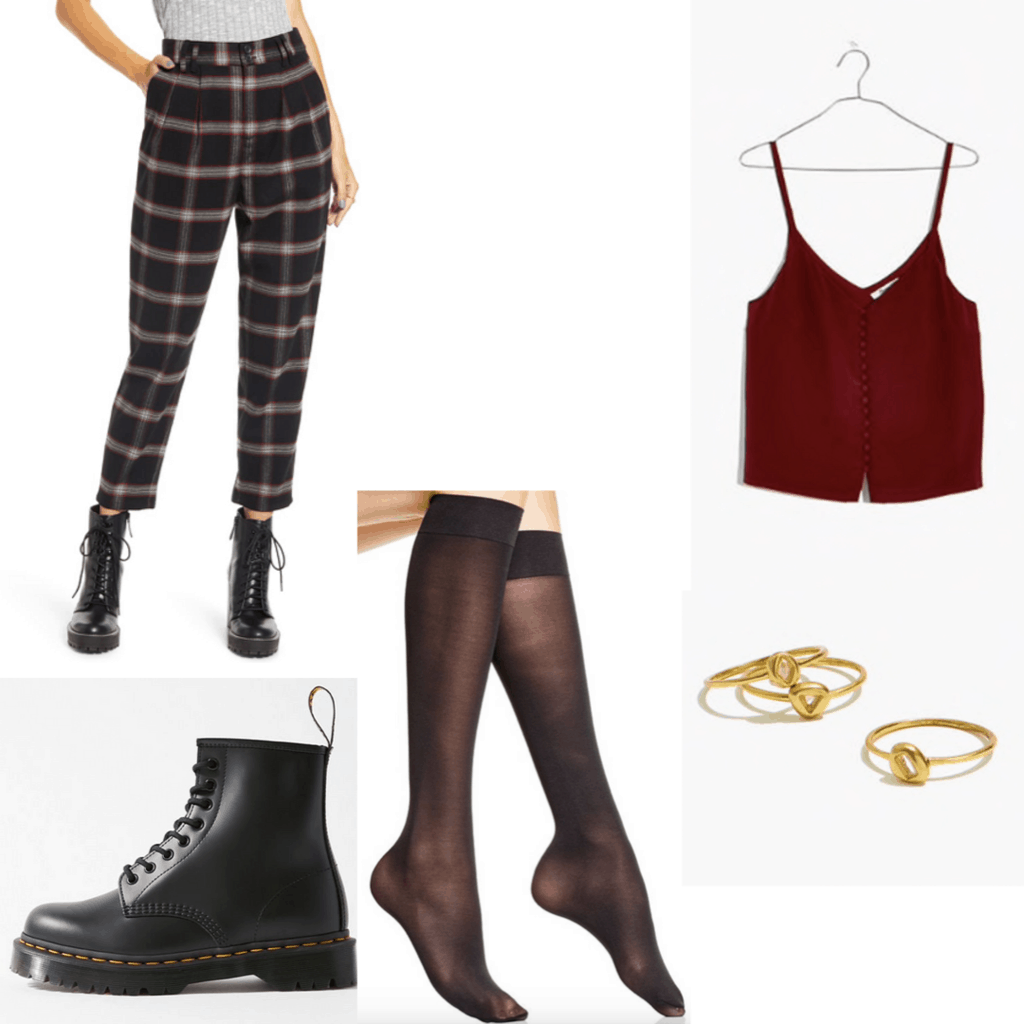 Outfit set with plaid pants, Burgundy cami, Doc Martens, sheer tights and gold rings. 